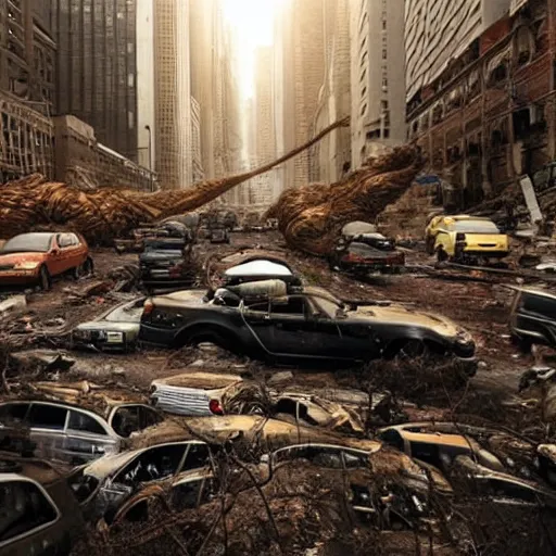 Image similar to new york abandoned attacked by giant worm, post apocalyptic, damage road