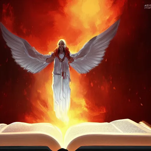 Image similar to white fire hovering over an open Bible icon, red back drop, cgsociety, artstationhq, digital art, detailed