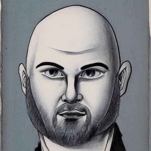 Image similar to portrait of bald short - bearded man with round face, small eyebrows, wide lips and kind blue eyes, minimalictic black and white, ink, pencil