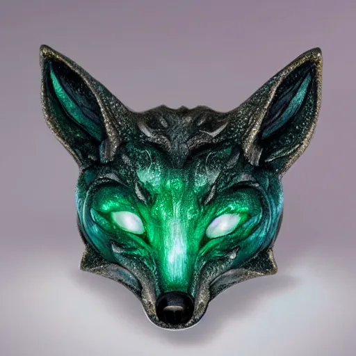 Prompt: !dream Emerald Fox sculpture with glowing purple eyes