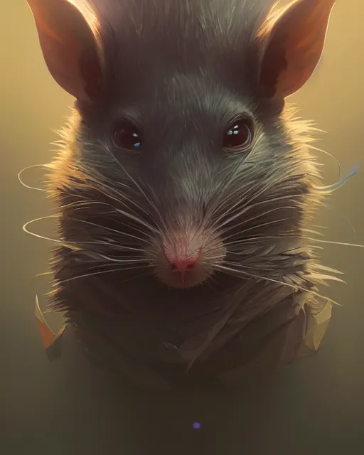 Image similar to highly detailed vfx portrait of a rat, unreal engine, greg rutkowski, loish, rhads, beeple, makoto shinkai and lois van baarle, ilya kuvshinov, rossdraws, tom bagshaw, alphonse mucha, global illumination, detailed and intricate environment