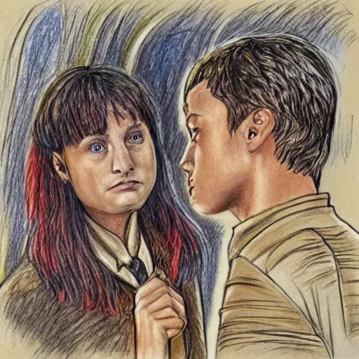 Prompt: coloured pencil drawing of charachters from harry potter looking at each other, trending