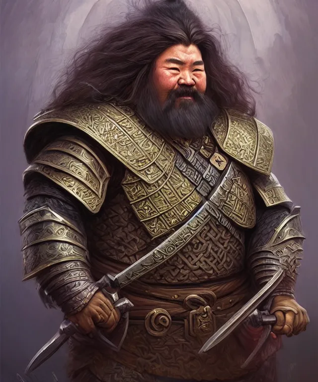 Prompt: old mongolian dwarven general portrait, armored, holding a warhammer, face, long hair, moustache, goatee, fantasy, intricate, elegant, highly detailed, digital painting, artstation, concept art, smooth, sharp focus, illustration, art by artgerm and greg rutkowski and alphonse mucha