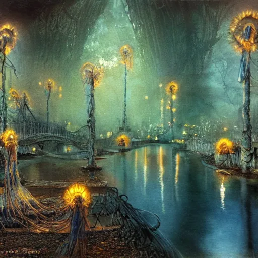 Image similar to A Mystic River, The River Is Full of Lights, Mysticism, Artwork, Watercolor, Cinematic, Exposure, Slit-Scan Photography, 4k, Ultra-HD, Incandescent, Ray Tracing Reflections, insanely detailed and intricate, elegant, ornate, hyper realistic, super detailed by Dorothea Tanning, by Bruce Pennington