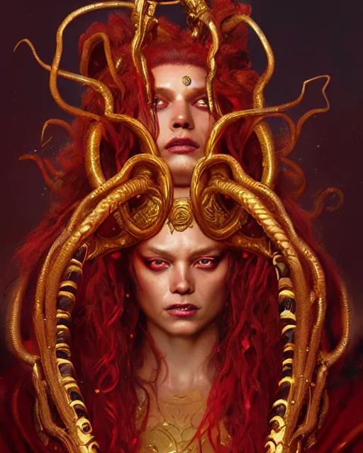 Prompt: fierce medusa in an epic red and golden robe, fantasy character portrait, ultra realistic, concept art, intricate details, highly detailed by greg rutkowski, gaston bussiere, craig mullins, simon bisley