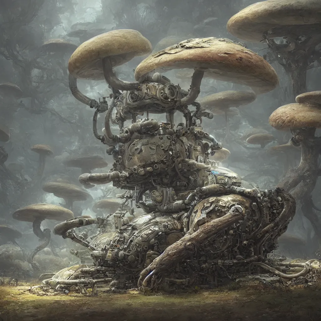 Image similar to a bio - mechanical tank with mushrooms as camouflage highly detailed, digital painting, artstation, concept art, smooth, sharp focus, elegant, illustration, unreal engine 5, 8 k, art by artgerm and greg rutkowski and edgar maxence
