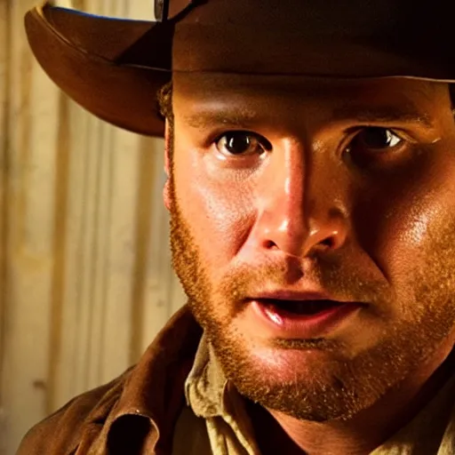 Prompt: Seth Rogen as indiana jones in raiders of the lost ark, 8k resolution, full HD, cinematic lighting, award winning, anatomically correct