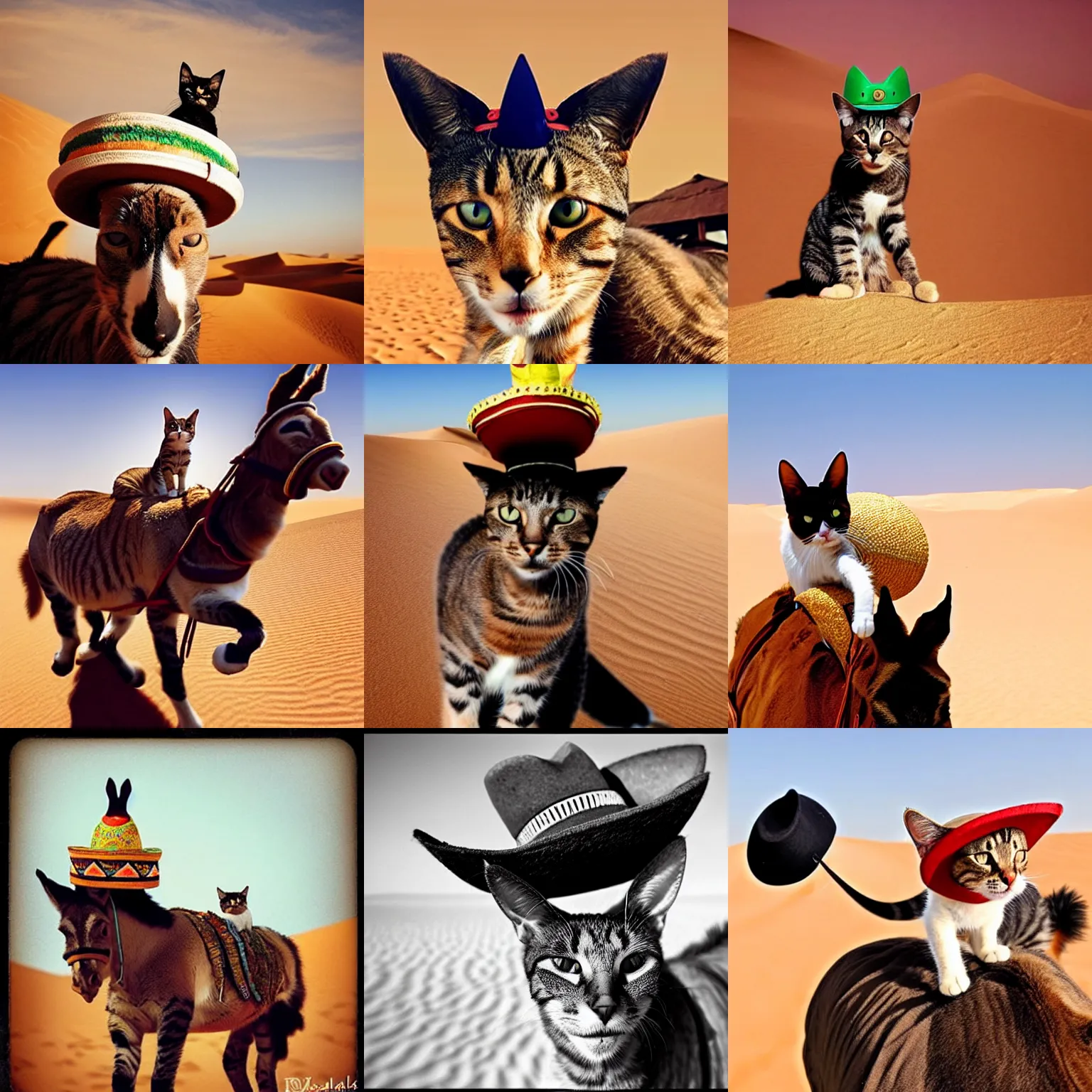 Prompt: photo of a cat with a sombrero on his head, who is riding on top of a donkey. they're in the middle of the sahara desert