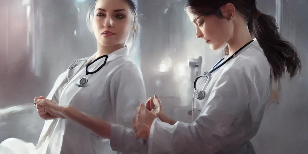 Image similar to an elegant and beautiful female doctor in a white coat working in a hospital ward, cinematic, highly detailed, digital painting, artstation, concept art, matte, sharp focus, illustration, art by artgerm and greg rutkowski