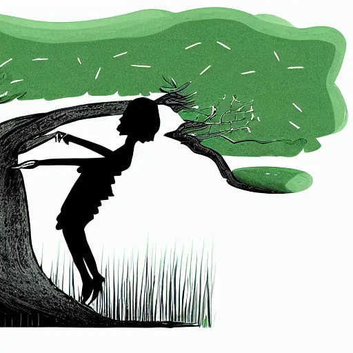 Image similar to minimal illustration of a girl dancing near an old strong tall green persian cypress tree in wind