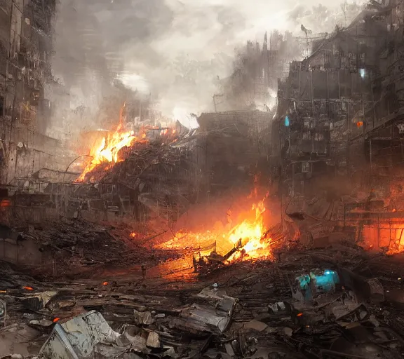 Prompt: A pile of CDJ2000NXS on fire. Post apocalyptic, ruins, rubble, gloomy. By Makoto Shinkai, Stanley Artgerm Lau, WLOP, Rossdraws, James Jean, Andrei Riabovitchev, Marc Simonetti, krenz cushart, Sakimichan, trending on ArtStation, digital art.