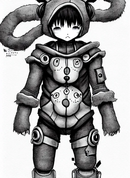 Image similar to beautiful little boy wearing an cyborg bear suit, artwork in kentaro miura and made in abyss and rosdraws, smooth, beautiful lightness, anatomically correct, trending on pixiv, forest