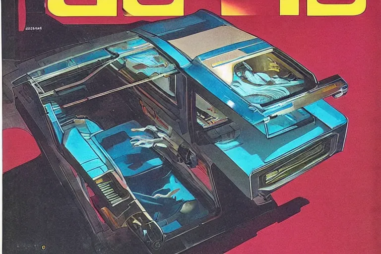 Prompt: 1979 OMNI Magazine Cover depicting a car-lift with a hidden operating room underneath. Cyberpunk Akira style by Vincent Di Fate