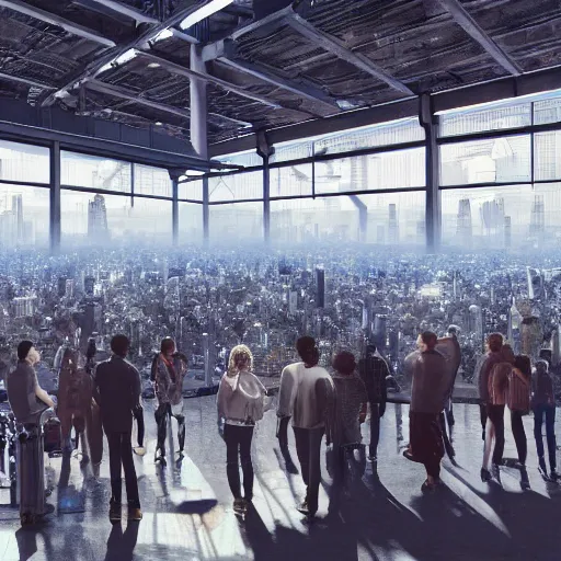 Image similar to large group people in a huge warehouse, looking at a tabletop futuristic city hologram | cinematic concept art | godrays | 4 k | clear details | tabletop | tabletop | hologram foreground