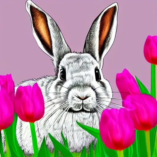 Prompt: detailed drawing of a rabbit in a field of tulips, digital art, 4k
