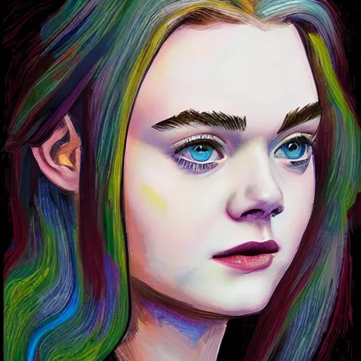 Prompt: professional painting of Elle Fanning in the style of John Romita Jr., head and shoulders portrait, symmetrical facial features, smooth, sharp focus, illustration, intricate, stormy weather, extremely detailed masterpiece,