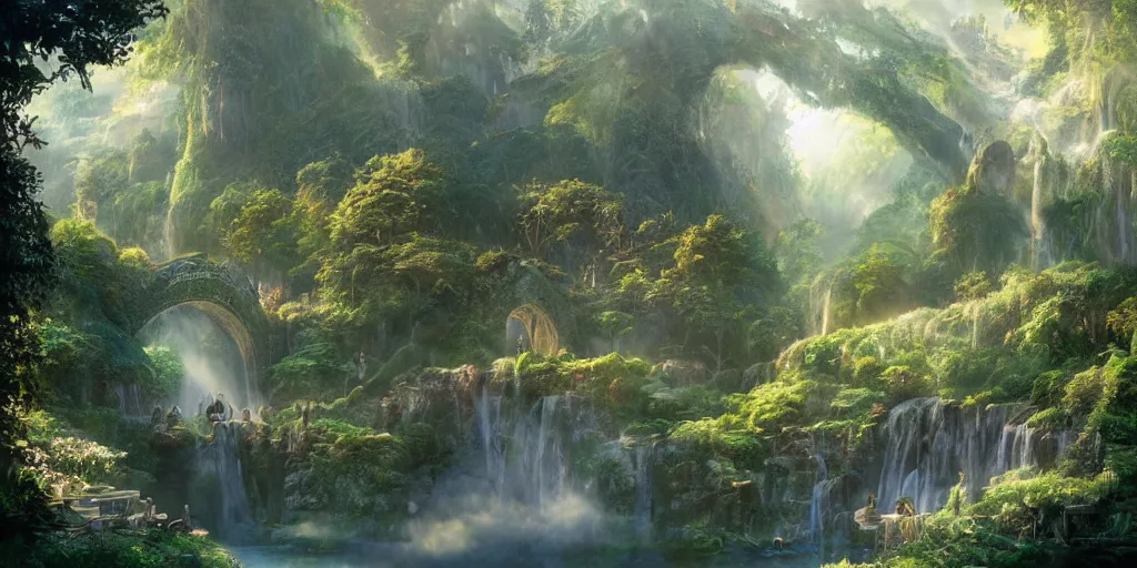 Prompt: lush and beautiful concept art for rivendell, lord of the rings, peter jackson, studio ghibli, detailed, realistic lighting, volumetric lighting, golden hour,