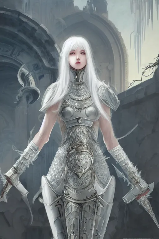 Image similar to portrait white hair knights of zodiac girl, matt white ice color armor, in ruined agora of athens, ssci - fi and fantasy, intricate and very very beautiful and elegant, highly detailed, digital painting, artstation, concept art, frostbite engine, smooth and sharp focus, illustration, art by tian zi and wlop and alphonse mucha