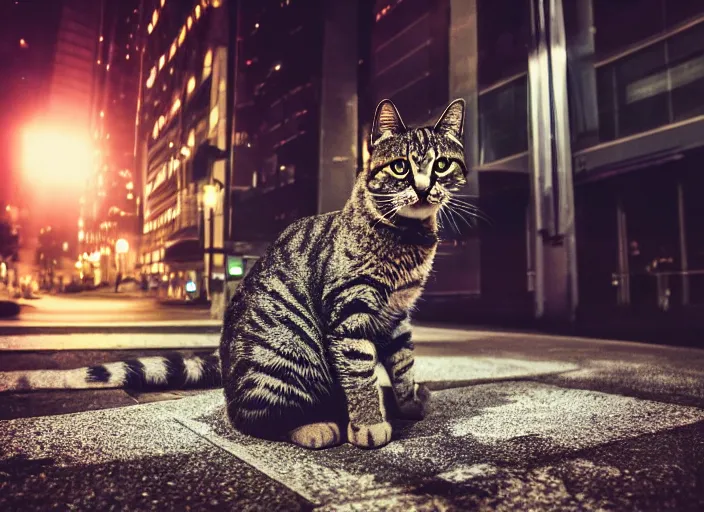 Image similar to photography of a Cat sitting on a box. in a cyberpunk street, award winning photo, led lighting, night, 24mm, sharp, high res