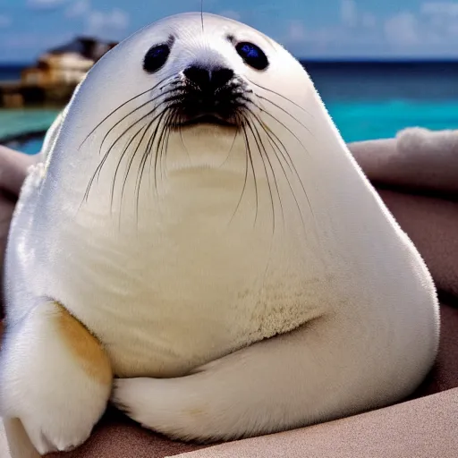 Image similar to a baby harp seal relaxing at a 5 star resort in the Bahamas, magazine photography