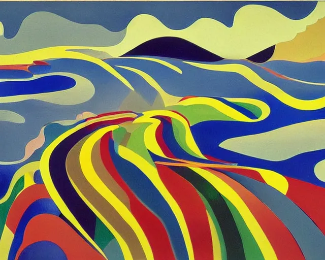 Image similar to A wild, insane, modernist landscape painting. Wild energy patterns rippling in all directions. Curves, organic, zig-zags. Saturated color. Mountains. Clouds. Rushing water. Wayne Thiebaud. Charles Burchfield.