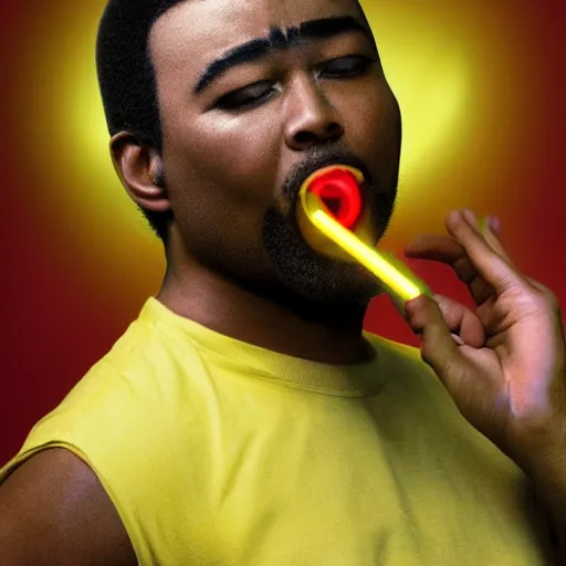 Image similar to a hyper realistic ultra realistic photograph of Geordi La Forge spitting up neon gravy, highly detailed, 8k photograph