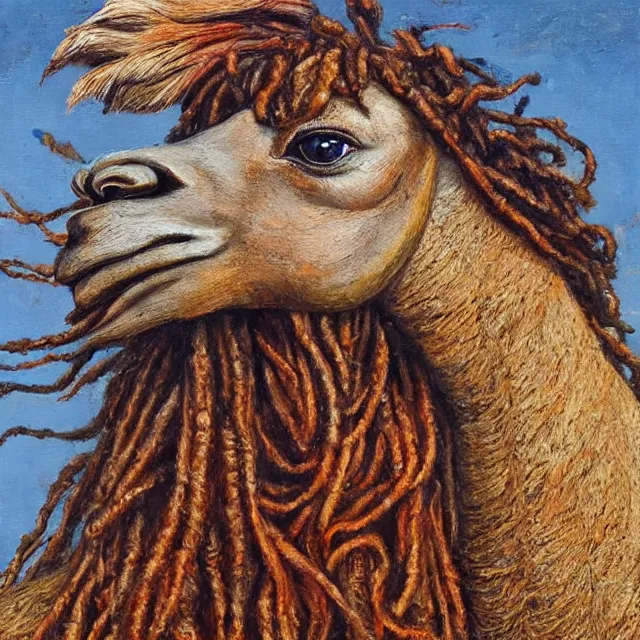 Prompt: llama with dreadlocks, by mandy jurgens, ernst haeckel, el anatsui