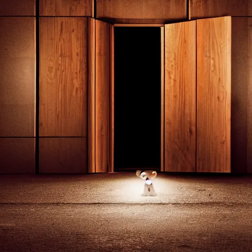 Image similar to dark photograph of a small bear mascot with a spotlight focused on him walking through a large wooden doorway