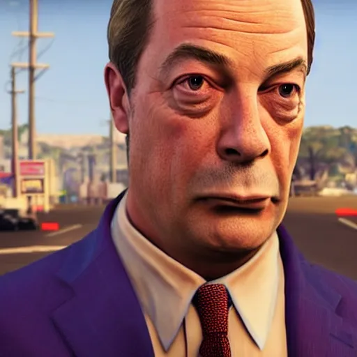 Prompt: nigel farage in gta 5, splash art, movie still, cinematic lighting, dramatic, octane render, long lens, shallow depth of field, bokeh, anamorphic lens flare, 8 k, hyper detailed, 3 5 mm film grain