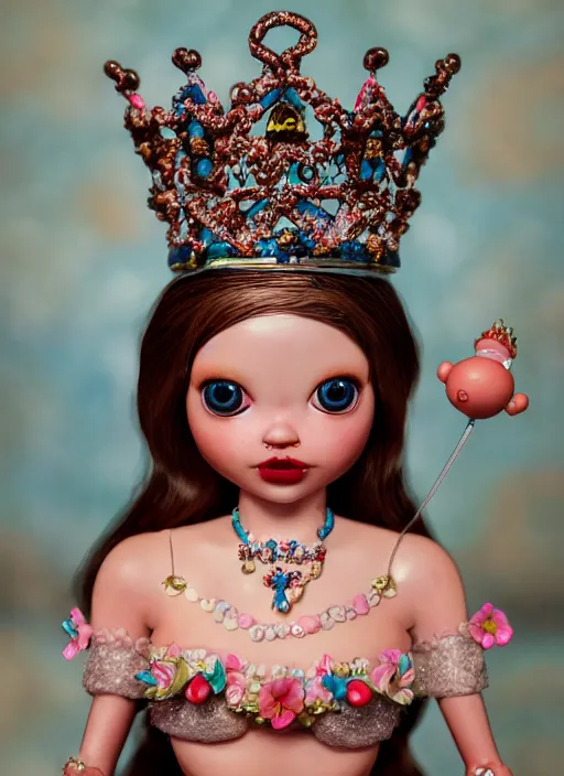 Image similar to closeup face profile portrait of tin toy fairytale princess wearing a crown eating cakes, bikini, depth of field, zeiss lens, detailed, symmetrical, centered, fashion photoshoot, by nicoletta ceccoli, mark ryden, lostfish, breathtaking, 8 k resolution, extremely detailed, beautiful, establishing shot, artistic, hyperrealistic, octane render
