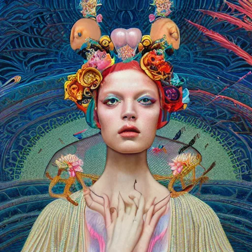 Image similar to pretty model as goddess : : by martine johanna and simon stalenhag and chie yoshii and casey weldon and wlop : : ornate, dynamic, particulate, rich colors, intricate, elegant, highly detailed, vogue, harper's bazaar art, fashion magazine, smooth, sharp focus, 8 k, octane render