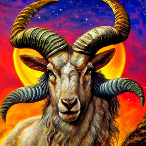 Prompt: horned ram goddess aries by josephine wall, trending on artstation, checking her phone, erupting volcano in distance, flowers in foreground, sunset, stars in sky, fantasy, zodiac, 8 k