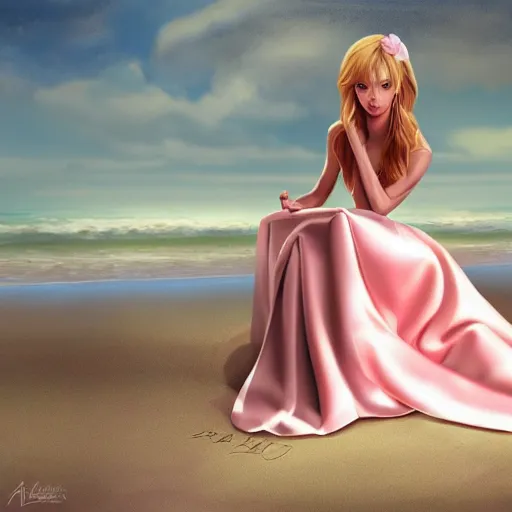 Image similar to beautiful princess in a satin dress on the beach drawn by artgerm