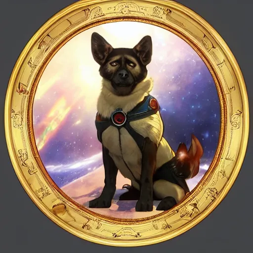 Prompt: realistic heroic picture of Laika the space dog, in a circle frame, art by Artgerm and Greg Rutkowski and Alphonse Mucha