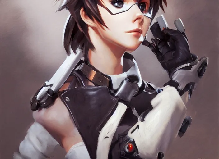 Image similar to a highly detailed beautiful portrait of tracer from overwatch as 2 b nier automata wearing a leather jacket, by gregory manchess, james gurney, james jean