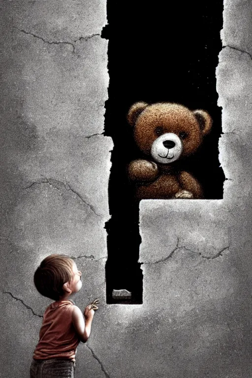 Prompt: giant crack hole on the brick concrete wall, child with dirty face watching from inside the crack reaching towards camera hand is holding a dirty ealistic teddybear. gloomy, intricate, elegant, highly detailed, digital painting, artstation, concept art, addiction, chains, smooth, sharp focus, illustration, art by ilja repin and greg rutkowski