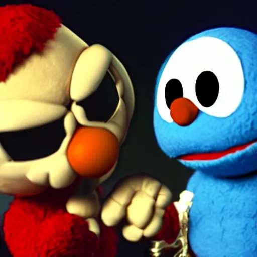 Image similar to sans from undertale fighting elmo, elmo holds a gun