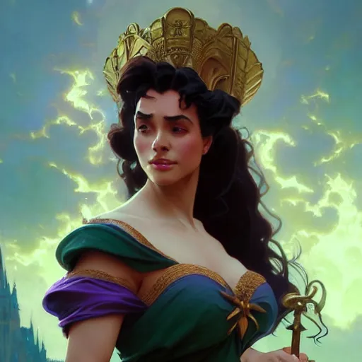 Image similar to Esmeralda from the Hunchback of Notre Dame, fantasy, intricate, elegant, highly detailed, digital painting, artstation, concept art, matte, sharp focus, illustration, art by Artgerm and Greg Rutkowski and Alphonse Mucha