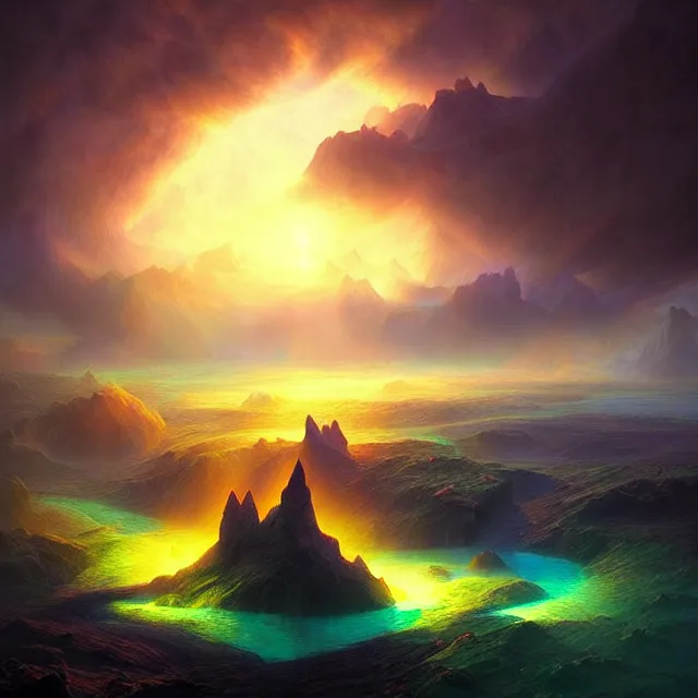 Prompt: fantasy aerial iceland landscape in the form of the human eye!!!!!, volumetric lighting, colorful, sharp and focus, ultra detailed, beautifully lit landscape, astrophotography, in the art style of dan mumford, ivan aivazovsky and marc simonetti