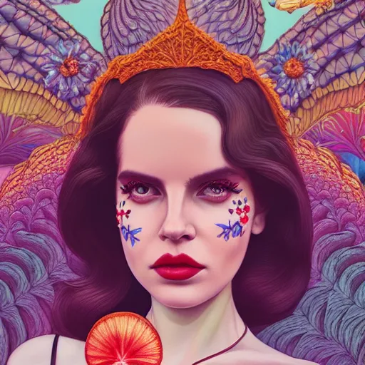 Image similar to pretty lana del rey with hallucination mushroom : : by martine johanna and simon stalenhag and chie yoshii and casey weldon and wlop : : ornate, dynamic, particulate, rich colors, intricate, elegant, highly detailed, vogue, harper's bazaar art, fashion magazine, smooth, sharp focus, 8 k, octane render,