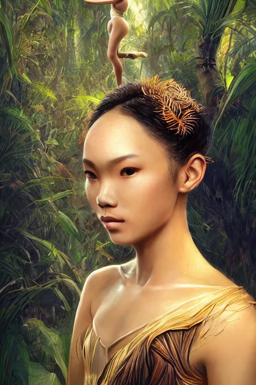 Image similar to stunningly beautiful, filipina prima ballerina in jungle, symmetrical face, golden hour, smooth, focus, highly detailed, hyper realistic, dramatic lighting, elegant, intricate, concept art, art by wlop, mars ravelo, greg rutowski, artstation