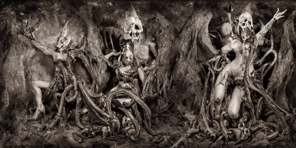 Prompt: flash photography of a muscular bodacious tentacle demon woman in robes and armor on a throne of bones centered in a flooded cave,film grain, exposed bone, large teeth, long fingers, fangs, octane, polaroid, painting, flash, curvy, high contrast light, creepy, cobwebs, mold, fungus, veins Glenn Fabry, god rays, spotlight, chuvabak, zbrush, octane, hardsurface design, membrane, caustics, dripping, tendrils, cult, occult, long boney limbs, devour, Wes Benscoter, bloodborne, lovecraft, wayne barlowe, Caravaggio