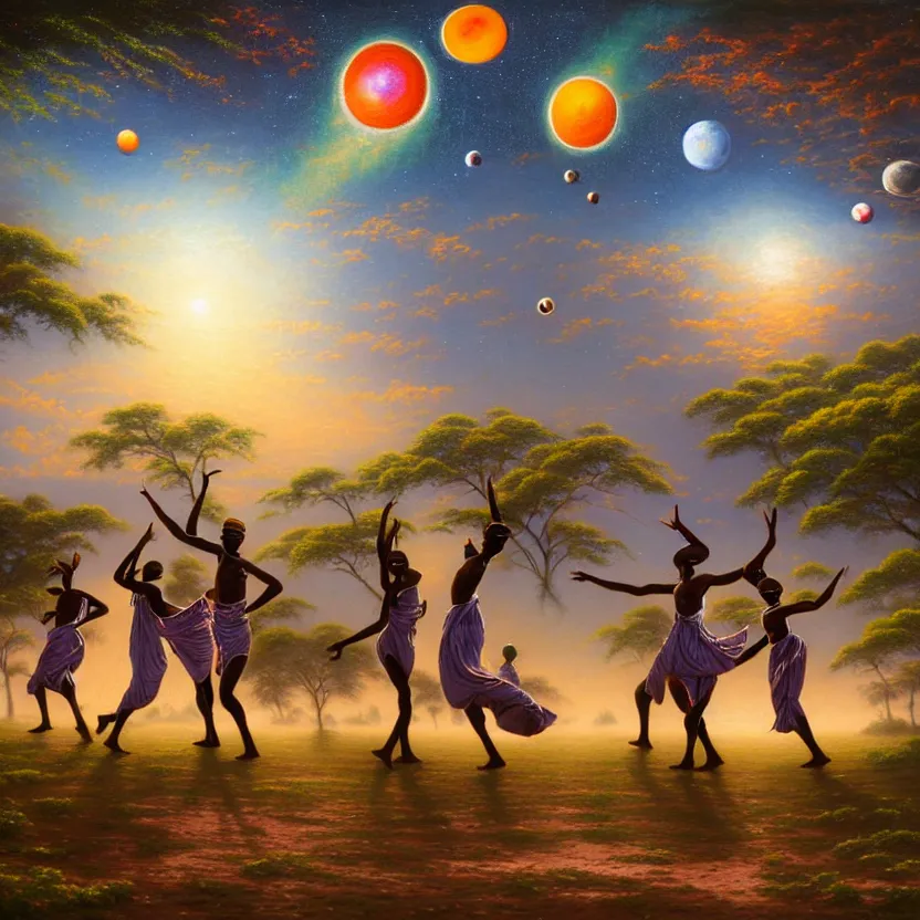 Prompt: a painting of a group of symmetrical african masquerades are dancing in a large valley with multiple planets up in the sky by thomas kinkade. the cinematic effect, extraterrestrial, detail, focus, ultra - realistic, 8 k.