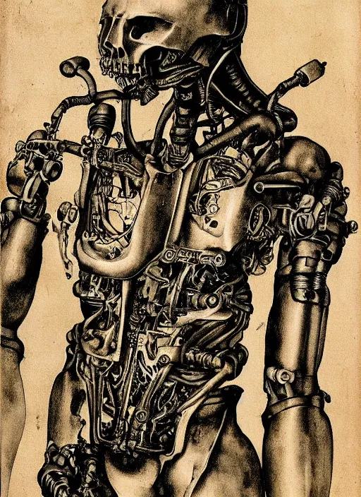 Image similar to cyborg cybernetic exoskeleton by Albrecht Dürer