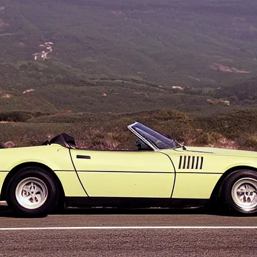 Prompt: “an action photograph of a black 1972 Ferrari Daytona Spyder racing along the Pacific Coast Highway, ocean in the background”