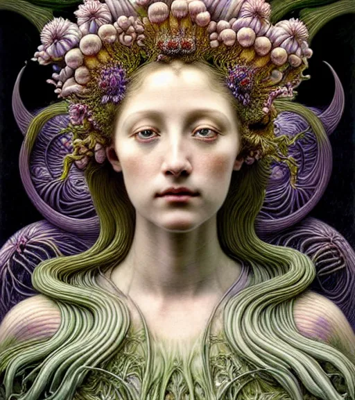 Prompt: beautiful young flower queen detailed realistic porcelain face portrait by jean delville, gustave dore, iris van herpen and marco mazzoni, art forms of nature by ernst haeckel, art nouveau, symbolist, visionary, gothic, neo - gothic, pre - raphaelite, fractal lace, intricate alien botanical biodiversity, surreality, hyperdetailed ultrasharp octane render