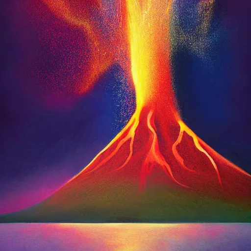 Prompt: Detailed painting and digital dynamic painting of krakatoa eruption in indonesia and tsunami by Pascal Blanché and James Gurney, vibrant and vivid, smooth, soft, high contrast, HDR, 4k, stars, octane, hyperrealistic