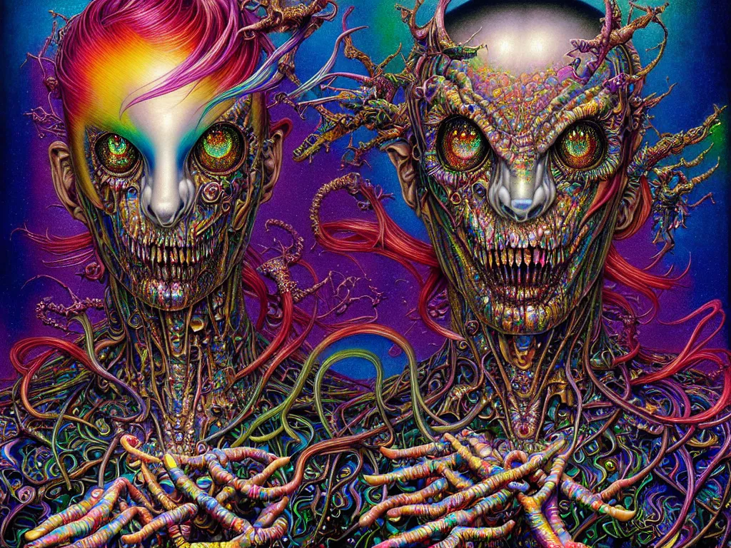 Prompt: realistic detailed image of Holographic Iridescent Multicolored Metallic Technological Nightmare Abomination Monster God by Lisa Frank, Ayami Kojima, Amano, Karol Bak, Greg Hildebrandt, and Mark Brooks, Neo-Gothic, gothic, rich deep colors. Beksinski painting, part by Adrian Ghenie and Gerhard Richter. art by Takato Yamamoto. masterpiece