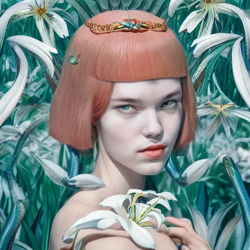 Image similar to pretty model with white wolf, white lilies : : by martine johanna and simon stalenhag and chie yoshii and casey weldon and wlop : : ornate, dynamic, particulate, rich colors, intricate, elegant, highly detailed, vogue, wolf, harper's bazaar art, fashion magazine, smooth, sharp focus, 8 k, octane render