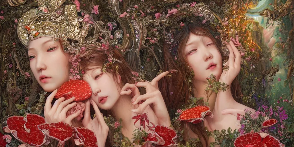 Image similar to breathtaking detailed concept art painting of kissing goddesses of rafflesia arnoldii flowers, orthodox saint, with anxious, piercing eyes, ornate background, amalgamation of leaves and flowers, by Hsiao-Ron Cheng, James jean, Miho Hirano, Hayao Miyazaki, extremely moody lighting, 8K